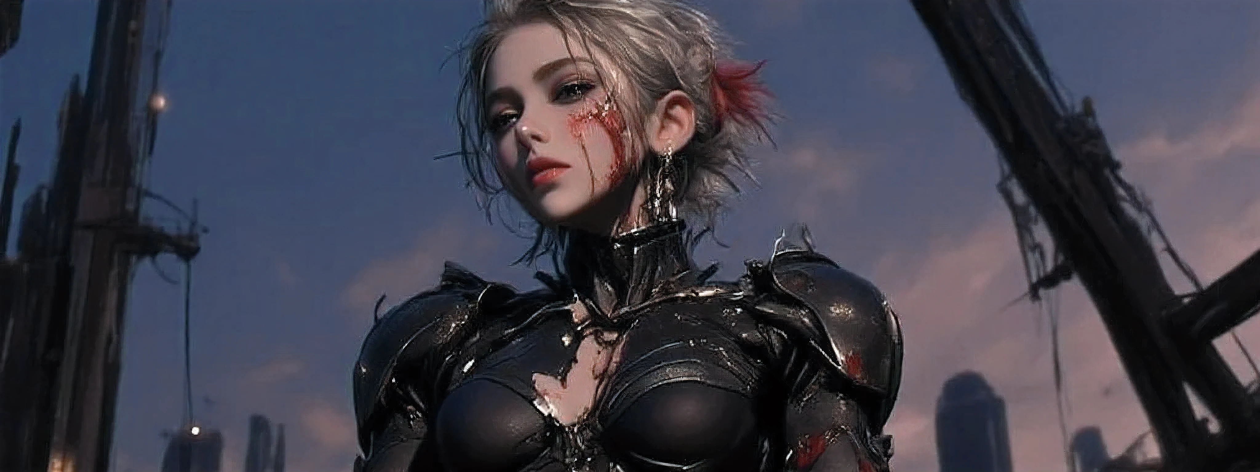 A woman in power armor and leather body suit, full body side profile. She is severely injured and bleeding, her suit is ripped and her power armor is broken and nearly destroyed. Her expression is grim, adding to a sense of power in the image. She has spiked silver hair with red tips. The overall atmosphere is dramatic and dark, the background features a silhouette of urban ruins against a twilight sky, contributing to a dystopian theme. The low-angle view enhances the strong and daring feel of the image.