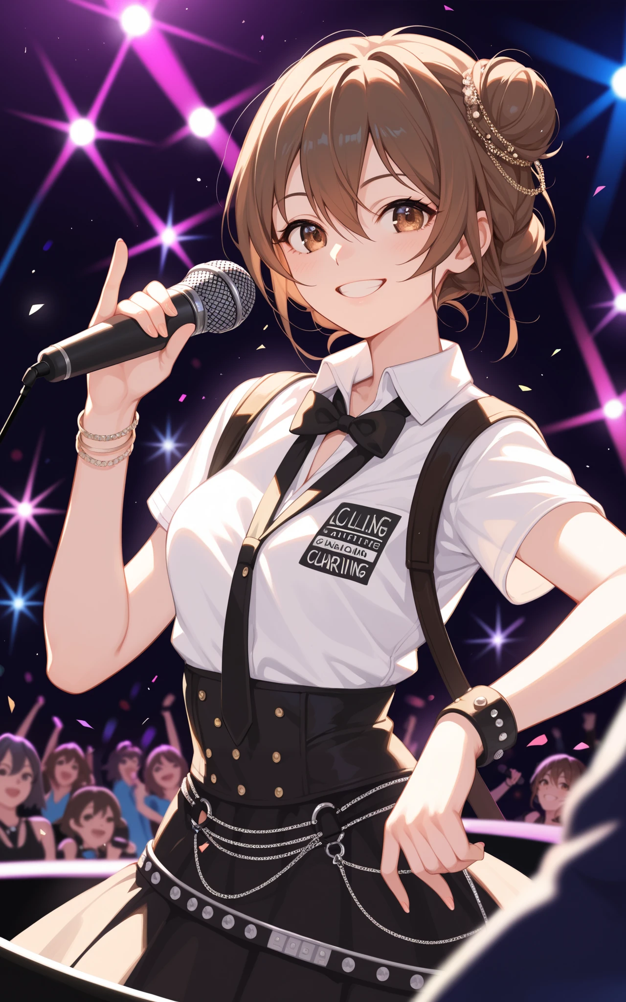 female, Brown hair, hair between eyes, romantic low bun, brown eye, concert hall, idol, shirt, smile, clubbing, anime, clothing audience, microphone, 