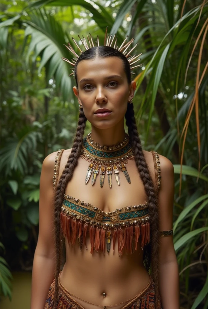 (imposing chieftain) with a white feather headdress and traditional indigenous necklaces, standing proudly, background of a lush, dense forest with sun rays illuminating the environment, candid photo, trunk, under natural lighting, From above, filmed on an Agfa Vista, flash photography, taken on an old camera, polaroid, 8K, highy detailed, Detailed texture skin, natural skin texture, perfects eyes, Perfect iris, high detail eyes, detailed iris, detailed feather texture, perfects eyes, detailedeyes, (high qualiy, best qualityer:1.3), Extremely high resolution, Film grain, dslr, Kodak Portra 400 F1 Camera.6 lenses, 35mm, Fujifilm Superia Premium 400, Nikon D850, plein-air, during daytime, nblurry background, lifelike details, Post-processing, maximum detail, cinematic light, side lighting, best shade, warm toned, wearing indigenous cords, serious and dignified expression.