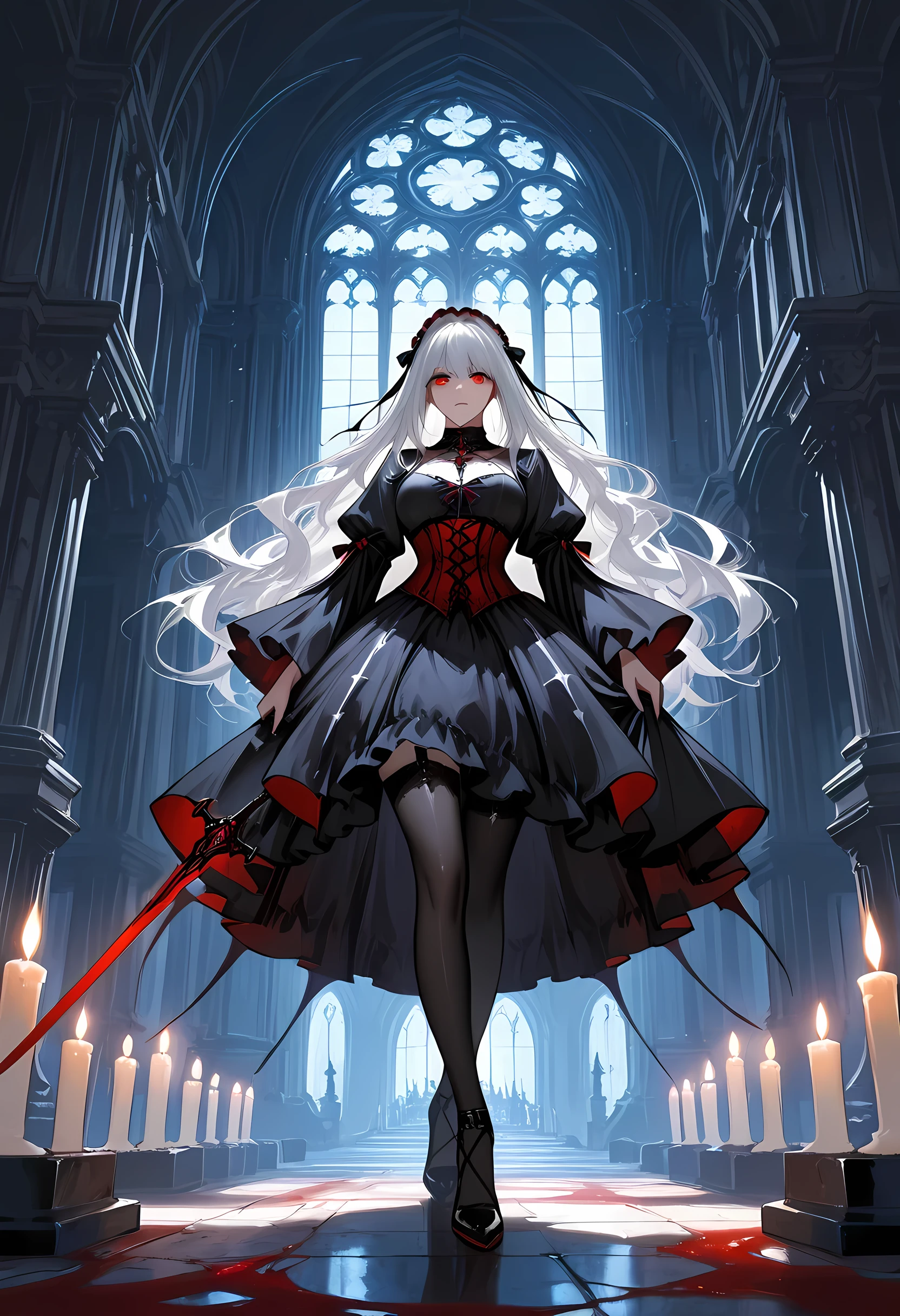 A portrait shot of an exquisite beautiful goth olo female vampire, ultra feminine, full body, busty woman, most beautiful face, glowing red eyes, long hair, wavy hair, wearing red silk corset, black stockings, wearing intricate high heels, in her castle, holding a dark sword, light make up, goth castle background, lit by candles, there are stains of blood, RAW, award winning, of black and white filter, picture taken from dynamic range, ultra wide shot, photorealism, depth of field, hyper realistic, 2.5 rendering, Cinematic Shot, commix style, Vampire Dress