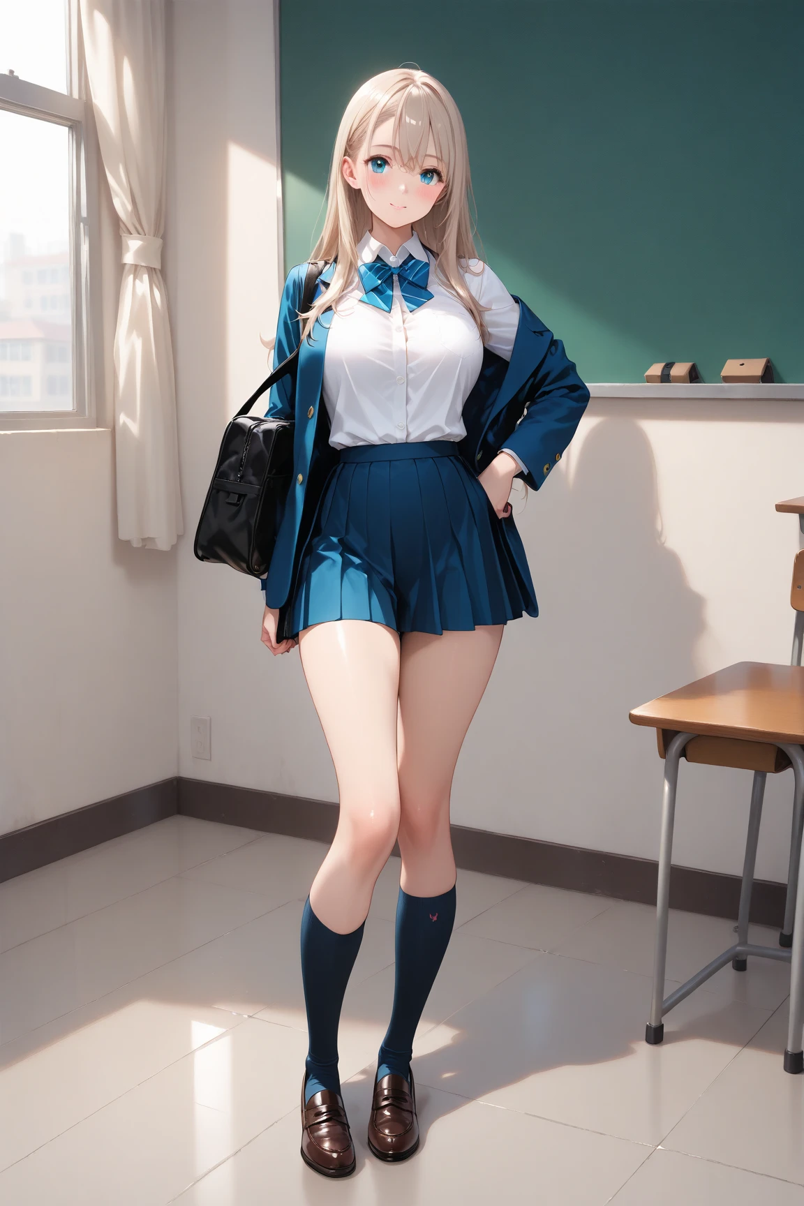 Beautiful 15 year old shy blonde girl in sailor uniform with mini skirt, beautiful green eyes, big tits, long blonde hair, at school, long thick bangs, ultra detailed hair, messy hair, the most beautiful face in the world, hair golden, flirting, looking at viewer, very cute, sexy, schoolgirl, French, bare shoulders, closed mouth.