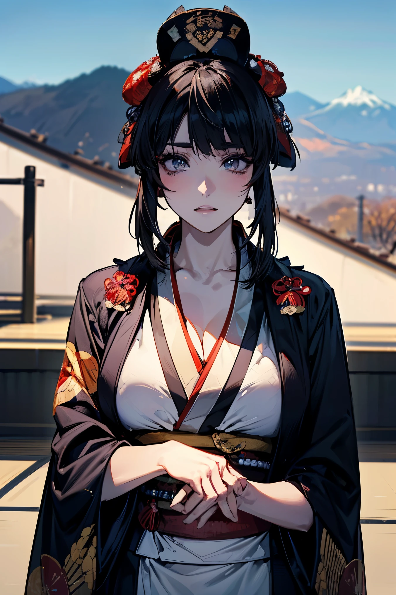 (masterpiece:1.5),beautiful hair,beautiful eyes,beautiful lips,Beautiful slender body,(Konno Anna:1.2),(Riho Yoshioka:1.1),(random expression:1.3),(Mountains in the background:1.4),bust illustration from the front ,Cleavage,((((An Extraordinary Beauty:1.7)))),(((( kimono,military jacket,Taisho Romance:1.5)))),((19-year-old single woman holding a fish in her hand:1.1)),(accurately depicted anatomically correct hands:1.1)dark hair,long lashes,Three-dimensional, jewel-like eyes,Very delicate and beautiful CG,2. 5D illustration, anatomically accurate body, (Extremely precise illustrations:1.1),(Outdoors:1.4), (wallpaper:1.4),8k