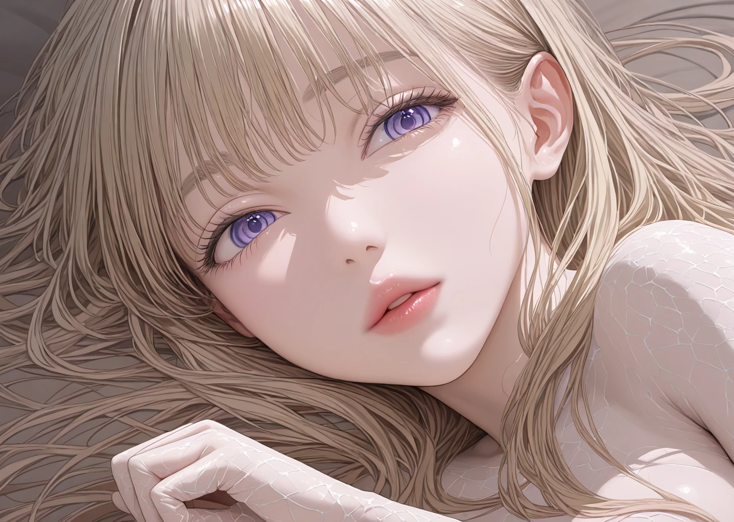blonde, short hair, girl1, sleep in bed, (White sheets), (White pillow),close up of face, completely nude, pale purple eyes,