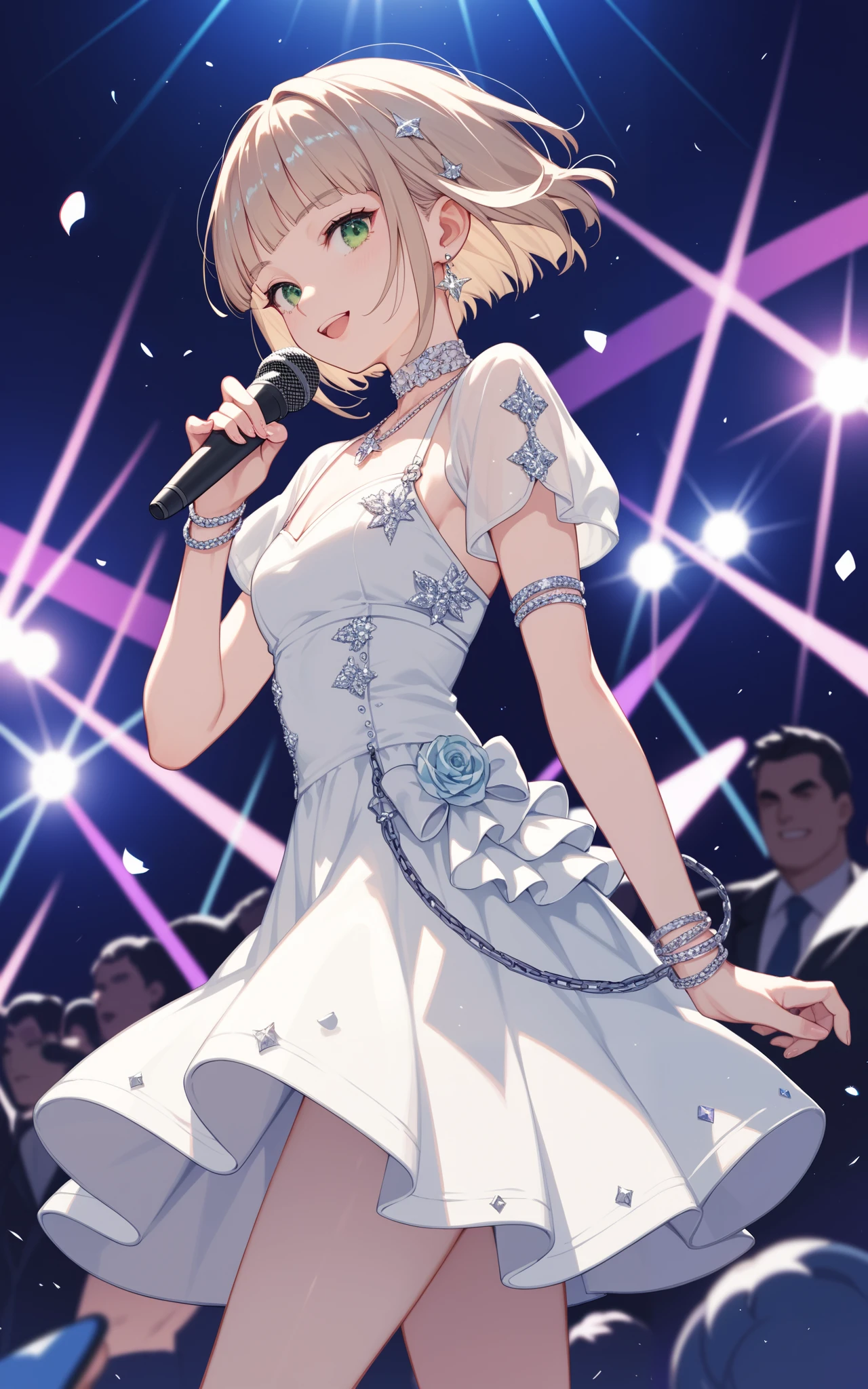 female, bronze  hair, blunt bangs, one-length haircut, short hair, green eyes, Night club, white dress, anime, clothing audience, microphone, 