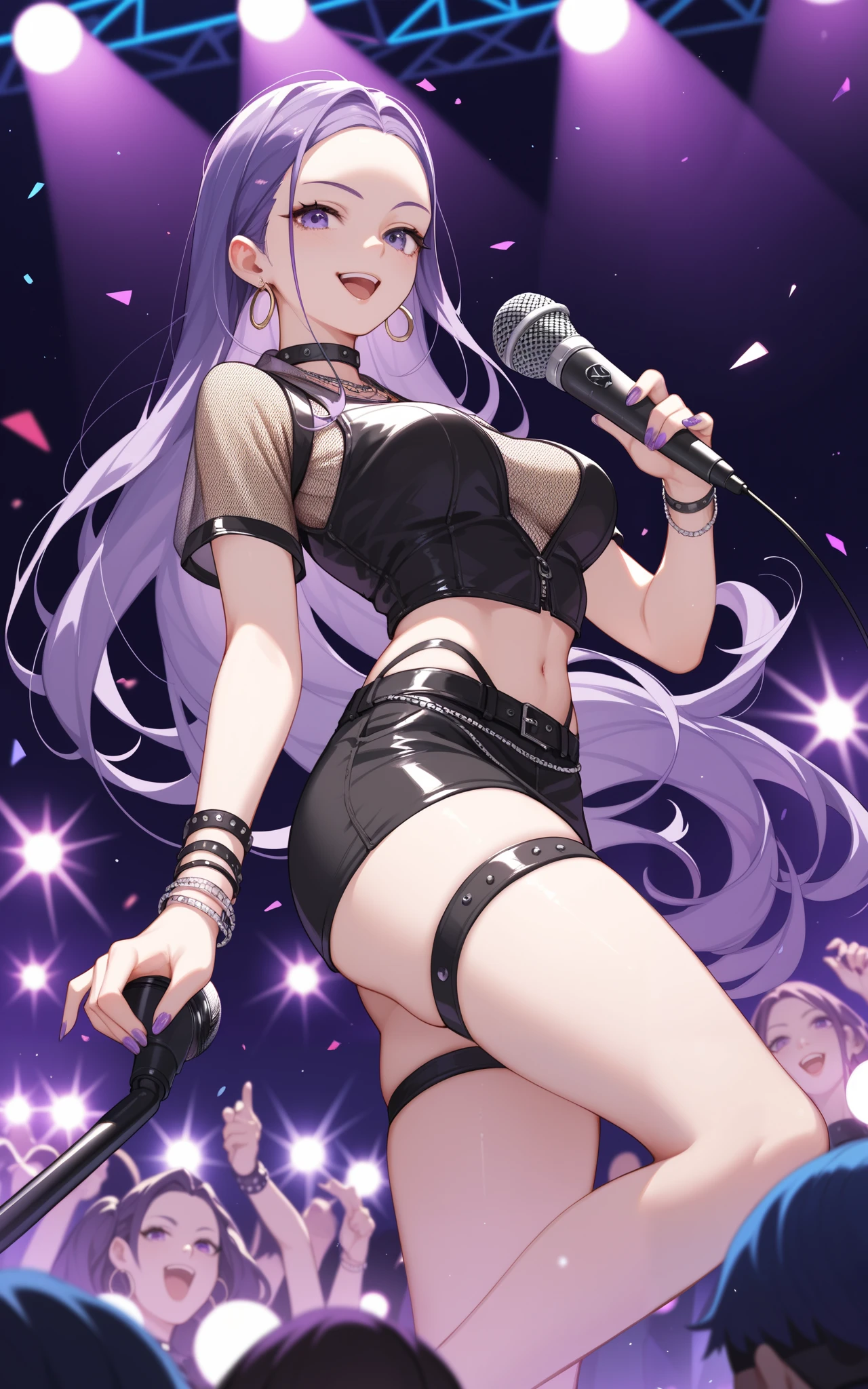 female, purple  hair, forehead, long hair, purple eyes, concert hall, Heavy metal make up, clubbing, microphone, anime, clothing audience, 