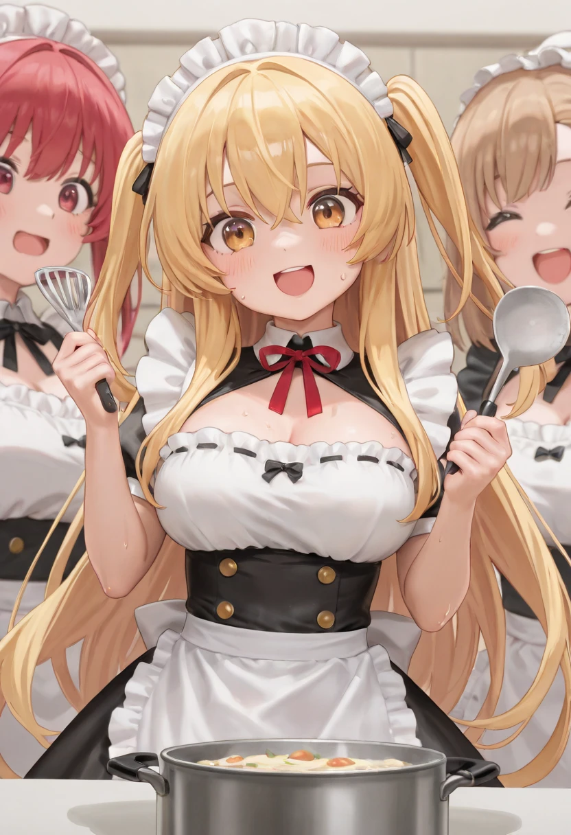 3girls,looking at viewer,apron,cleavage,(beautiful face:1.1),(masterpiece, high quality:1.2, ),gigantic breasts,motherly,honey blonde hair,very long hair,mature female,group_squeez,<lora:Group_squeez:0.8>,kitchen,