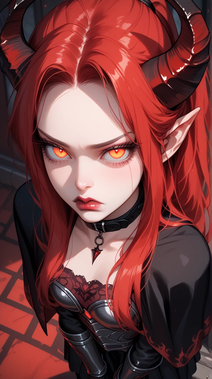 Beautiful 25 year old women with medium breasts in a black dress with red horns and an angery face