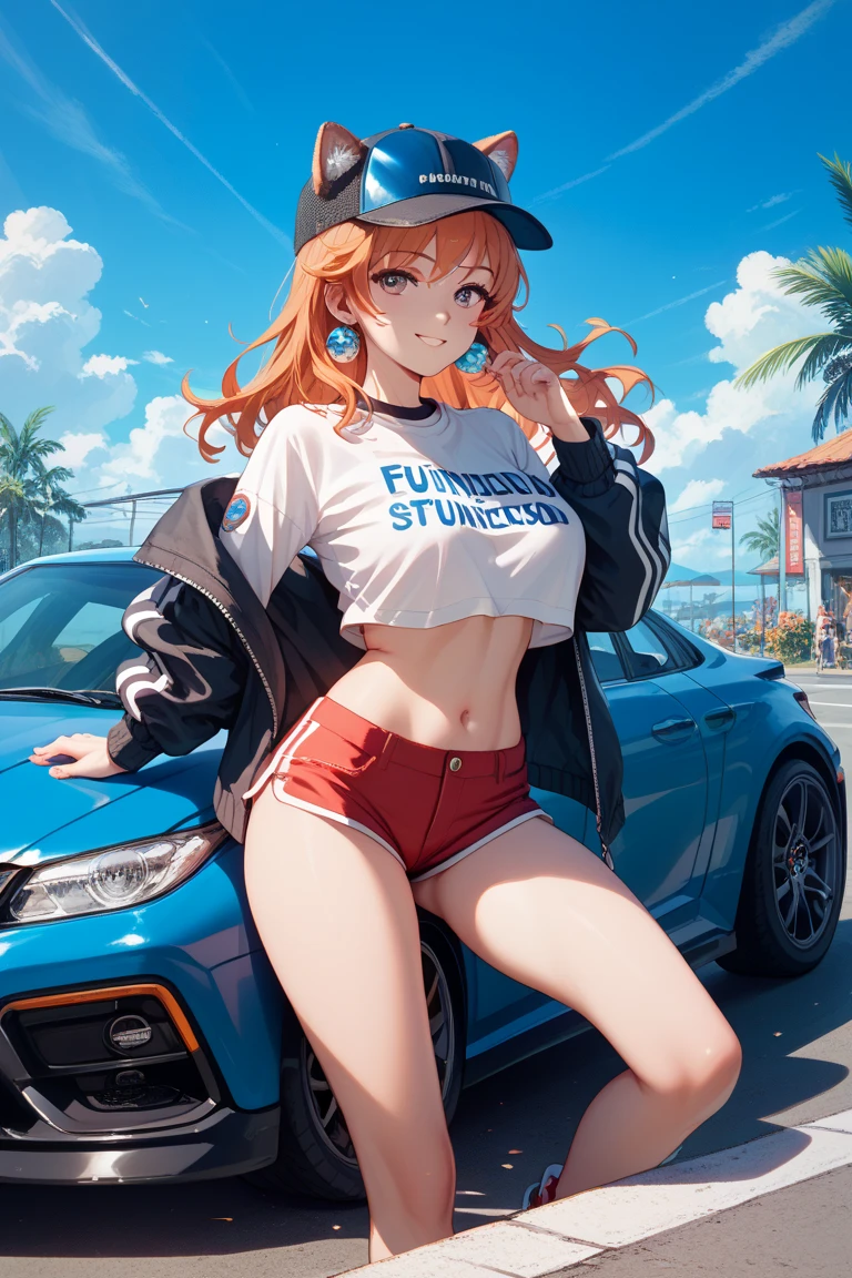 (Masterpiece, Best Quality, High Resolution), (illustartion:1.0), 1girl, The woman, mature female, yellow-red hair, The shimmer of the sunset, turquoise eyes, Average Breasts, naked ass, naked body, Female genitals, A big smile, bare feet, parking, washes a sports car, foam, Car wash, One car, stands in front of the car
