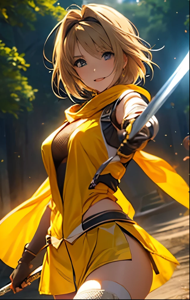 (((SFW、Highest quality、 first class masterpiece 、 Normal Body 、8k、 Detailed Faces 、super precise、 real color 、5refer to、Highest)))Haruka Takamori、Shennin Haruka、pretty girl、 Hair、Glowing Hair 、short hair、beautiful breasts、slender、 slim、Petite、 can be used、yellow High Leg Shinobi costume、During combat、kunai、Short sword、fast combat