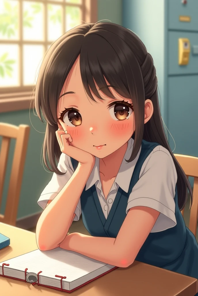 A junior high school student wearing a navy blue sailor uniform and loafers。
She has a baby face and a neat and clean look. Her hair is in a ponytail and she wears black tights.。
lying face down on the bed