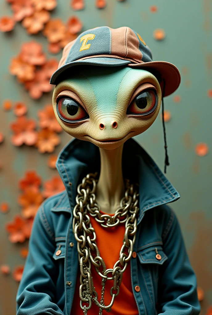 A gaudy alien with a bald head, a chain around his neck, a cap on his head, and a pair of eyes, looked like a gangster, but the half-picture sitting in front of the wall was covered in a design of a gauzy leaf on the wall behind him but 3d image
