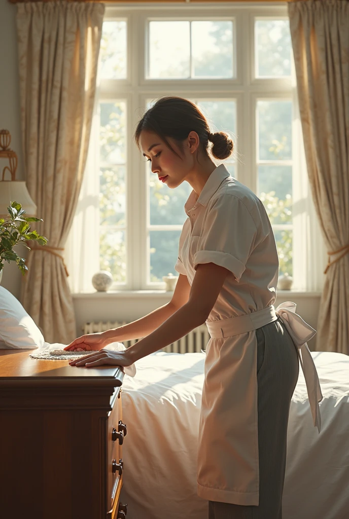 create a photo realistic image of a female housekeeper cleaning a room