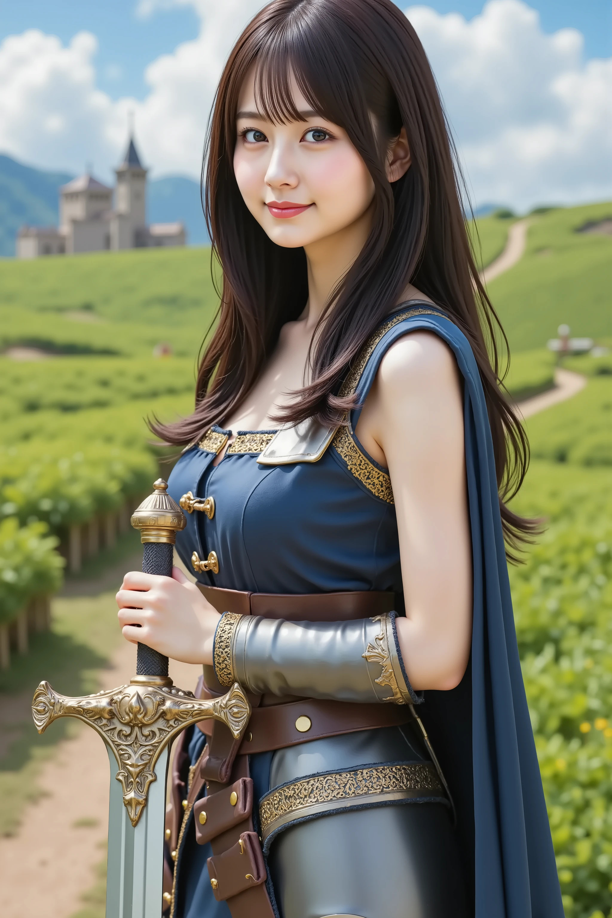 A highly detailed, ultra-realistic digital illustration of a beautiful young Asian female swordsman standing proudly in an expansive, lush green field inspired by classic fantasy RPGs. She is captured in a medium close-up shot, ensuring her entire head is visible with appropriate headroom while focusing on her from the thighs up. Her long, flowing black hair cascades down her back in soft waves, with delicate bangs framing her determined yet gentle face. Her deep, expressive eyes convey both courage and a sense of adventure, while her lips curl into a confident yet warm smile.
She wears an elegant yet battle-ready swordsman’s outfit, consisting of a fitted blue and silver tunic with gold embroidery, layered over a sturdy yet flexible set of leather and metal armor plates. A dark blue cape flows behind her, slightly lifted by the breeze, adding to her heroic presence. Her hands are clad in fingerless leather gloves, designed for both dexterity and protection. A wide belt with pouches and a sheath for her sword rests securely around her waist, completing her battle-ready ensemble.
She firmly grips a beautifully crafted longsword, its gleaming silver blade reflecting the sunlight. The hilt is intricately designed with golden accents, and the grip is wrapped in fine leather, ensuring a perfect hold. The blade rests slightly tilted to her side, as if she is prepared for battle but at ease in the moment.
The background showcases a vibrant, open field reminiscent of classic RPG settings, such as Dragon Quest, with rolling green hills stretching far into the horizon. The sky is a brilliant blue, dotted with fluffy white clouds. In the distance, a few scattered medieval-style buildings and a towering castle can be seen, hinting at a nearby town or kingdom. A dirt path winds through the field, leading toward adventure. Colorful slimes and small fantasy creatures can be spotted frolicking in the distance, adding a whimsical, game-like charm to the scene.
The composition is