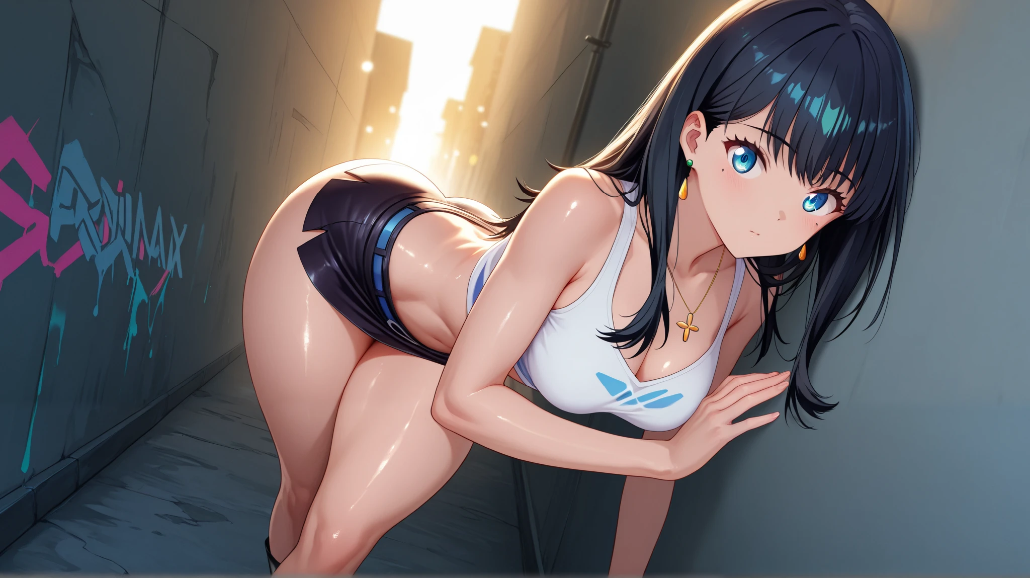 1 female,black hair,25 years old,(((blue shiny micro tight skirt)))((white tank top))(((blush、open mouth smile)),(((straight hair))),(((portrait))),crowd,,(wet with sweat)((sexy black bra and see-through tank top))(leather thigh high boots)(((big breasts)))((turn around and look back))
