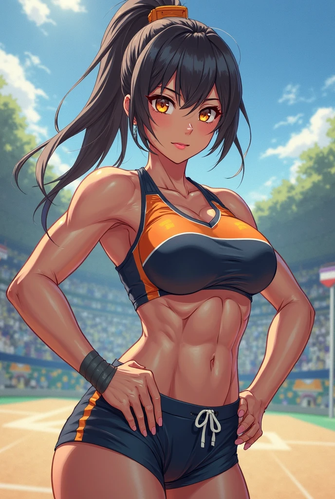 one-girl,Off-the-shoulder attire,cleavage,Tiny breasts,looks into camera,sportrait,closeup cleavage,cabelos preto e longos,School playground,track suit,sport,jogging