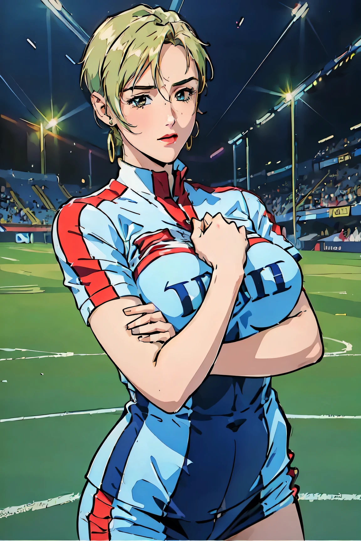 ((masterpiece)),(((best quality))),((vulgar)),thick thighs,1femel,big ,((between breasts)),wearing soccer uniform and soccer shoes,shirt harf lift,best quality, masterpiece, over the sea,1mature, (((large breasts))), Beautiful sunlight on the field, Milia Fallyna Jenius - Macross 7 , extremely beautiful, looking at the viewer, standing .top-quality, 8K, ((masterpiece:1.3)), A detailed eye, (looking at from the front), Look at the camera, ((Everything is sparkling、reflecting light:1.2)), (wallpaper:1.39), 1 nature, Milia Fallyna Jenius - Macross 7 , Beautiful woman with perfect body, Highly detailed facial and skin texture,((cowboy shot:1.39 ))