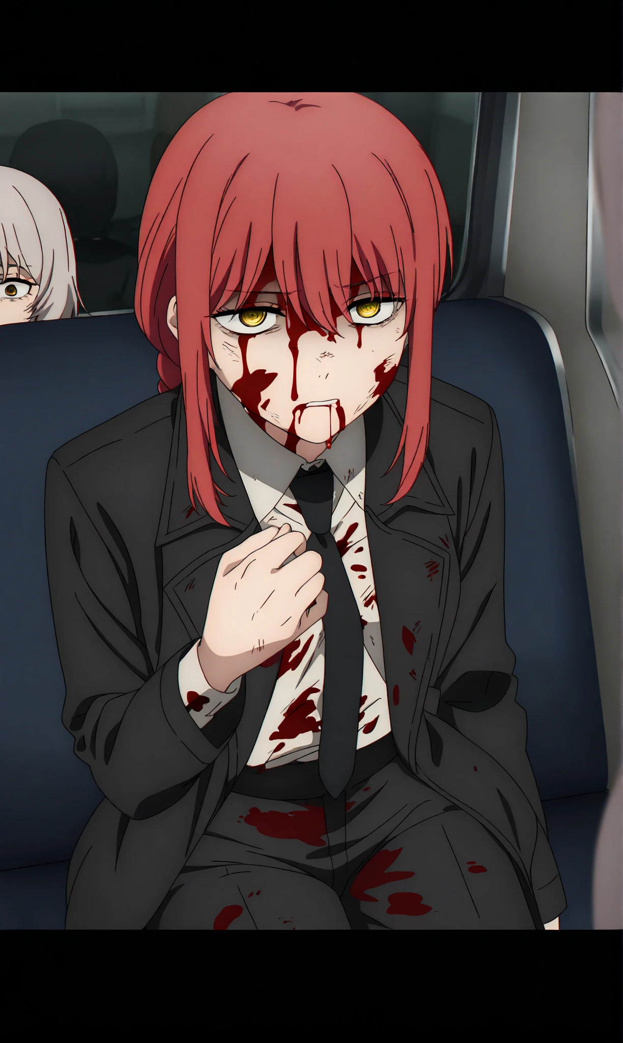 anime coloring, (anime screencap) masterpiece, detailed face,  <lora:Makima:0.9>Makima, 1girl, necktie, blood, blood on clothes, blood on face, shirt, solo, black necktie, pants, black pants, ringed eyes, (glowing eyes:1.3), looking at viewer, yellow eyes, jacket, formal, white shirt, collared shirt, suit, red hair, bangs, black jacket, blood splatter, sidelocks, shirt tucked in, train interior, medium hair, blurry, closed mouth, braid, smile, coat, business suit, sitting, indoors, long sleeves, blurry background, black coat, braided ponytail, standing, red hair