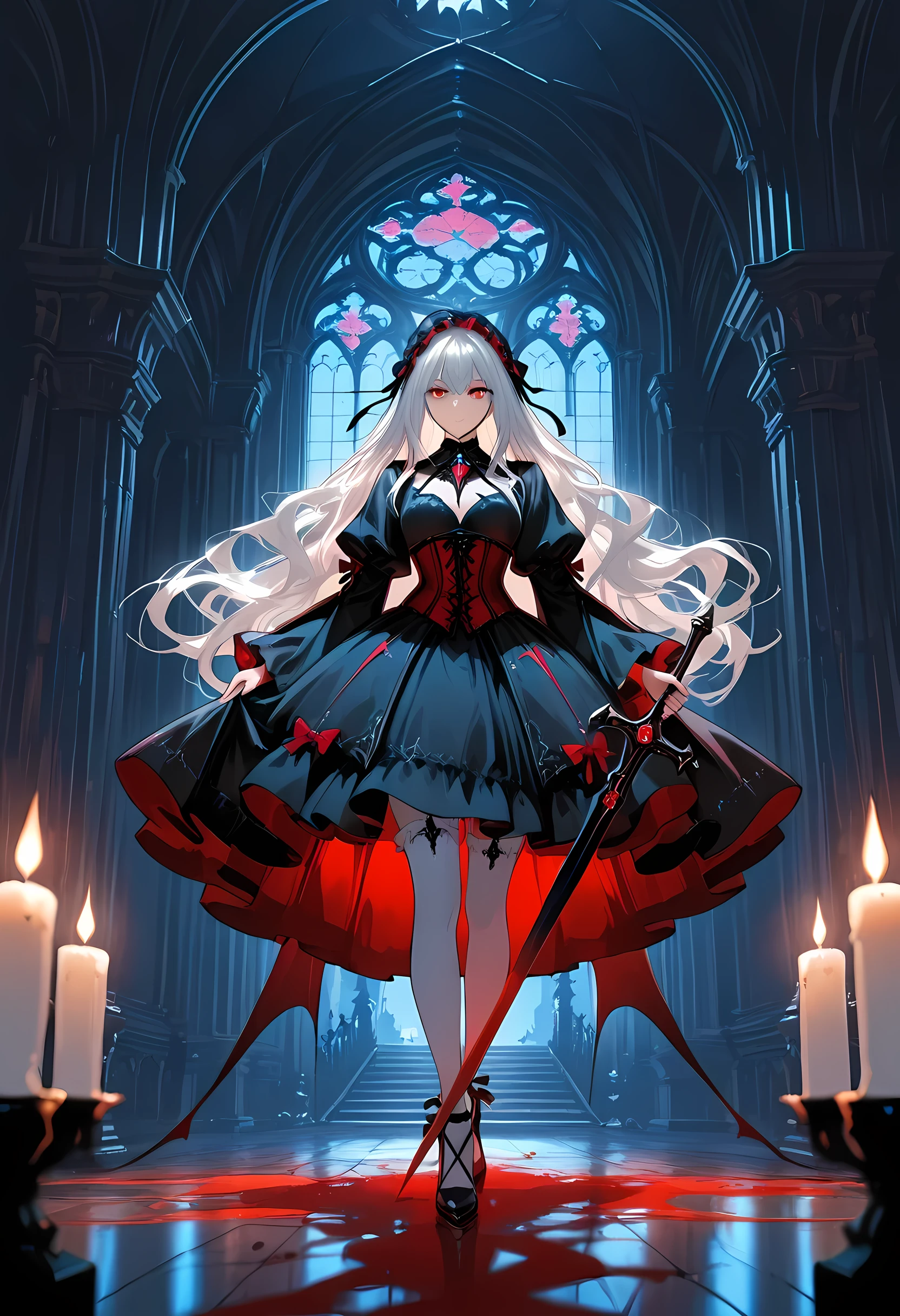 A model shot of an exquisite beautiful goth olo female vampire, ultra feminine, full body, busty woman, most beautiful face, glowing red eyes, long hair, wavy hair, wearing red silk corset, white stockings, wearing intricate high heels, in her castle, holding a dark sword, light make up, goth castle background, lit by candles, there are stains of blood, RAW, award winning, of black and white filter, picture taken from dynamic range, ultra wide shot, photorealism, depth of field, hyper realistic, 2.5 rendering, Cinematic Shot, commix style, Vampire Dress