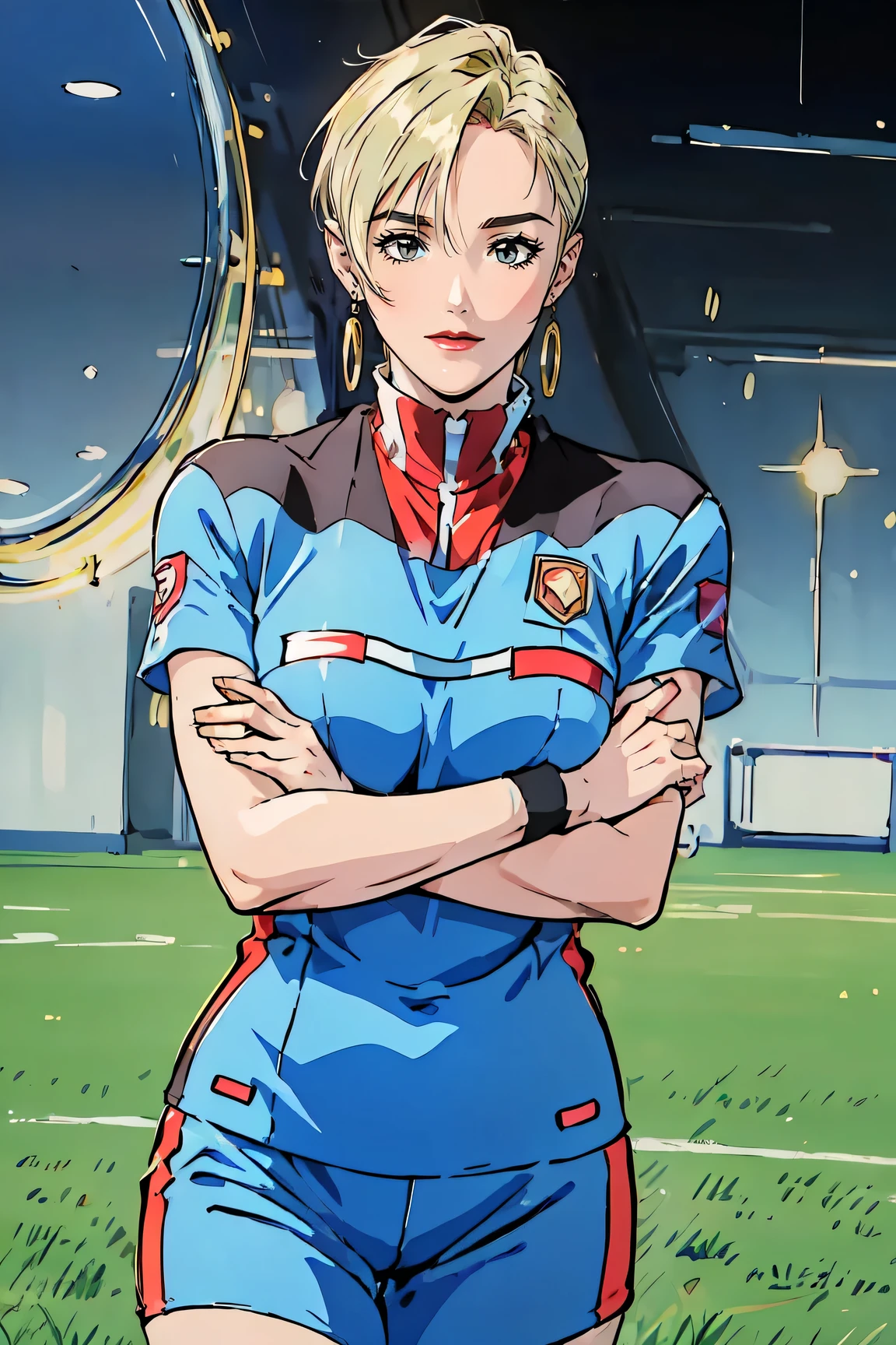 仁王立ち、仁王立ち、standingpose,((masterpiece)),(((best quality))),((vulgar)),thick thighs,1femel,big ,((between breasts)),wearing soccer uniform and soccer shoes,shirt harf lift,best quality, masterpiece, over the sea,1mature, (((large breasts))), Beautiful sunlight on the field, Milia Fallyna Jenius - Macross 7 , extremely beautiful, looking at the viewer, standing .top-quality, 8K, ((masterpiece:1.3)), A detailed eye, (looking at from the front), Look at the camera, ((Everything is sparkling、reflecting light:1.2)), (wallpaper:1.39), 1 nature, Milia Fallyna Jenius - Macross 7 , Beautiful woman with perfect body, Highly detailed facial and skin texture,((cowboy shot:1.39 ))