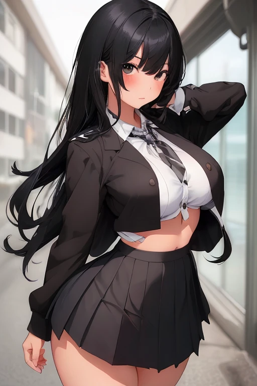 (1girl), black hair, extremely long hair, yellow eyes, ((muscular)), huge breasts, thick thighs, solo, angry, (pale skin), cowboy shot, (school uniform)
