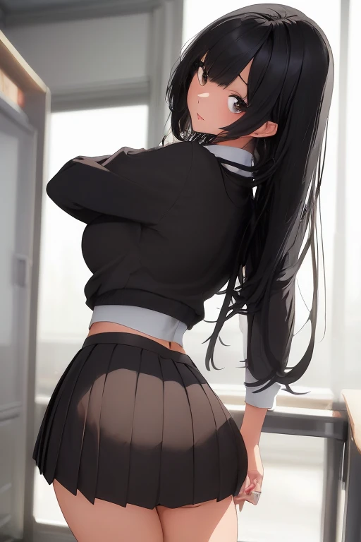 the pretty girl is sexy as she enters the locker room with the camera man, 1girl, breasts, nipples, ass, solo, long hair, looking at viewer, green eyes, blush, locker, black hair, bangs, topless, looking back, medium breasts, underwear, locker room, cowboy shot, panties,beautiful eyelashes,,,grin,((kiddie,JS,littlegirl,kodomo)),