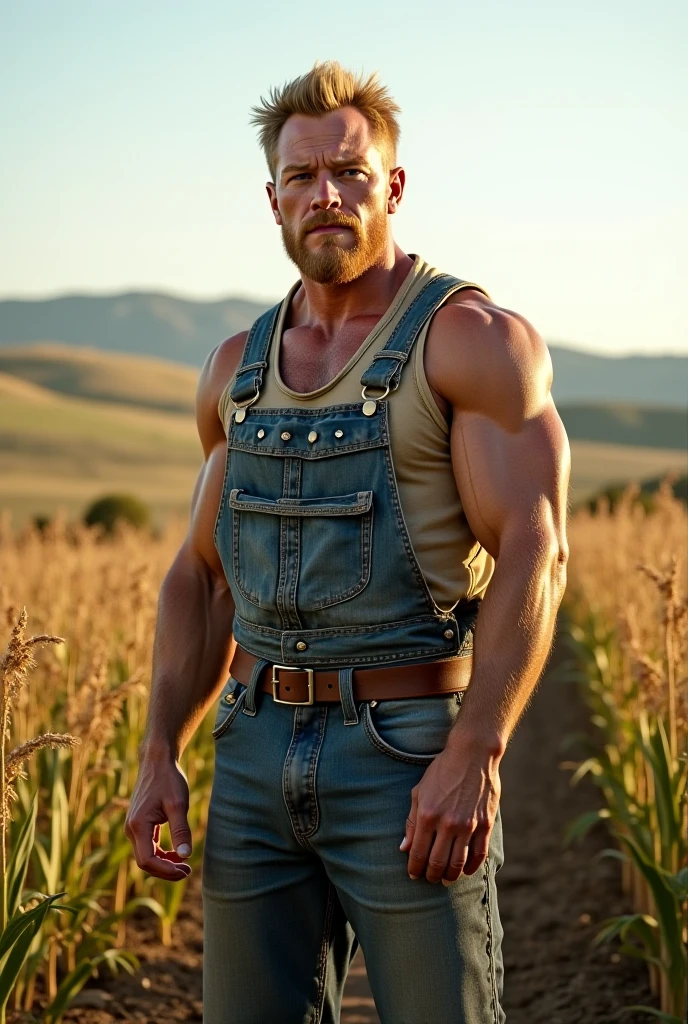 realistic, highly detailed, intricate details, detailed background, depth of field, photo of a man in a farm, blonde hair, beard, wearing ((farmer overalls)), exhausted expression, sunrise, backlighting, (hairy), (large penis:1.2), male pubic hair, testicles, sweaty, (shiny oily skin), (large pectorals:1.4), (puffy nipples:1.4), muscular, (dynamic pose, dynamic angle)