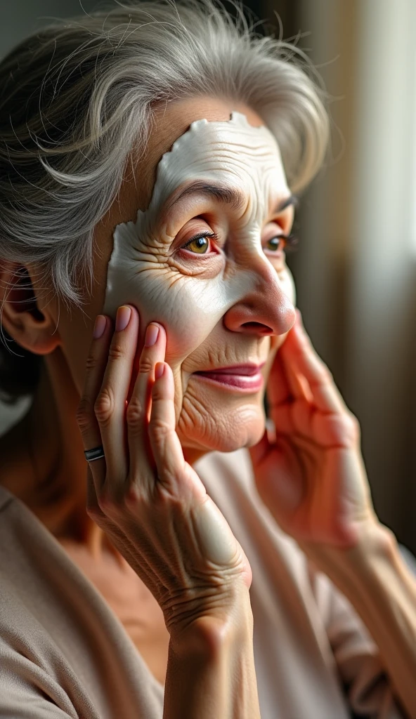 a hot old lady kneeling with milk all over her face