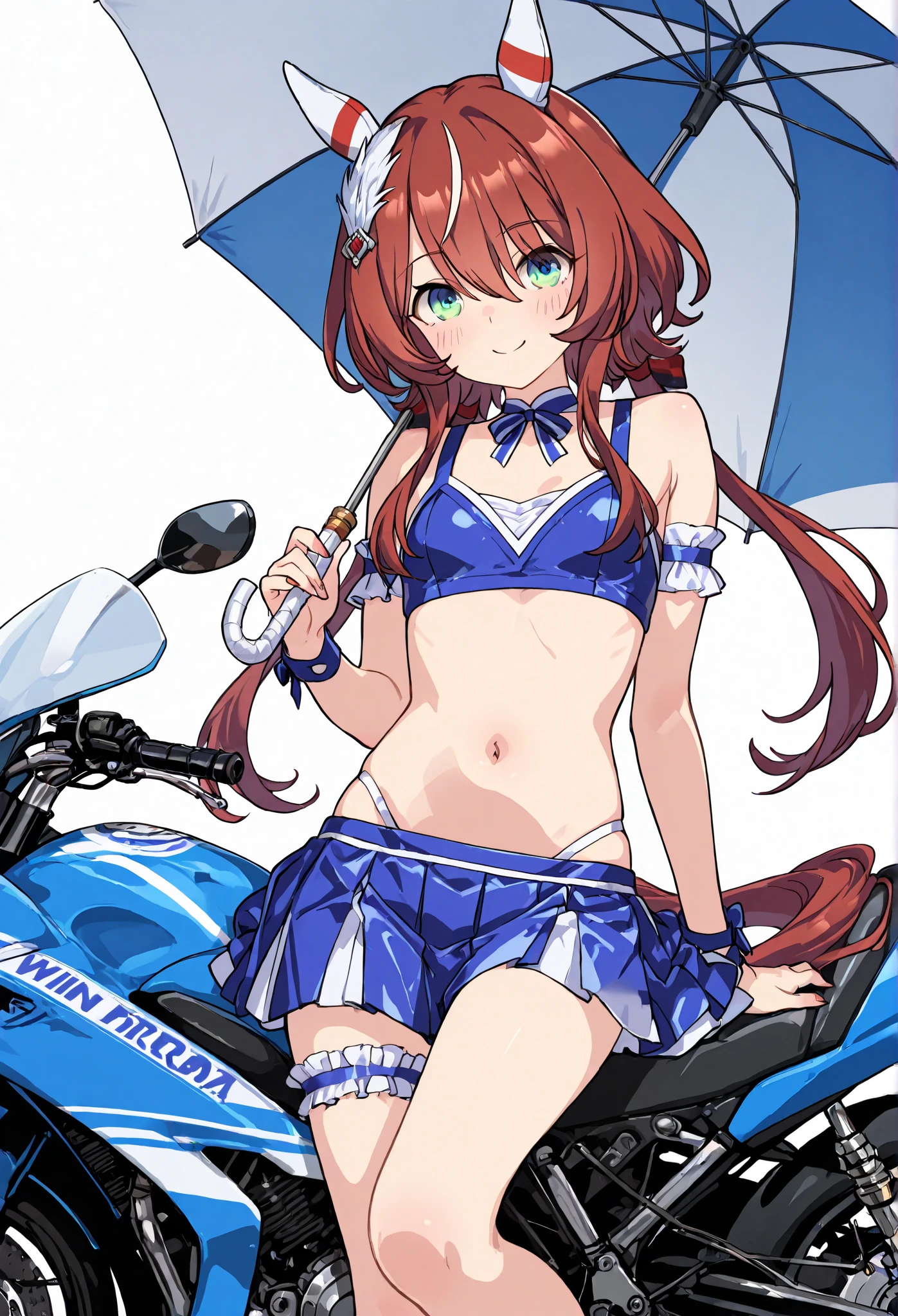 ((kinako (shiratama mochi) style)), mari_/(blue_archive\), (masterpiece, top quality, race queen, street lamp, park, outdoors, solo, detailed nipples, best quality, pendant necklace, official art, beautiful and aesthetic:1.2), (1girl), extreme detailed, colorful, highest detailed, arm band, orange hair, standing, official art, bangs, unity 8k wallpaper, ultra detailed, sports car, beautiful and aesthetic, beautiful, masterpiece, best quality, glitter drawing, necklace, aqua eyes, topless, nipples, stomach, sleeveless, bare shoulder, race queen skirt, visor hat, smiling, small breasts, flat chests, huge nipples, outdoors, rib bones, low ponytail, halo, cat ears, gold bracelet, umbrella