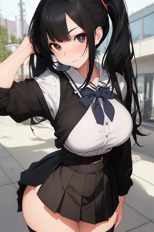 masterpiece、The best、1 female、Japanese school uniform, Bun bun、black hair、Shoulder leakage、big breasts、chubby、Smile、White suspenders、lace leggingackpack,On campus,pose