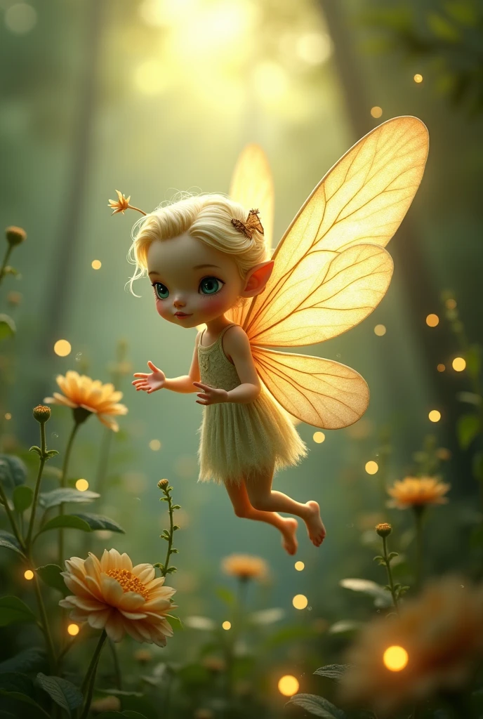 a cute fairie with beautiful filigree transparent wings sit on a branch in a magical fairytale like landscape, dreamlike, sparkles,shimmering dust, cute and adorable, vibrant colors, tiny flowers and petals