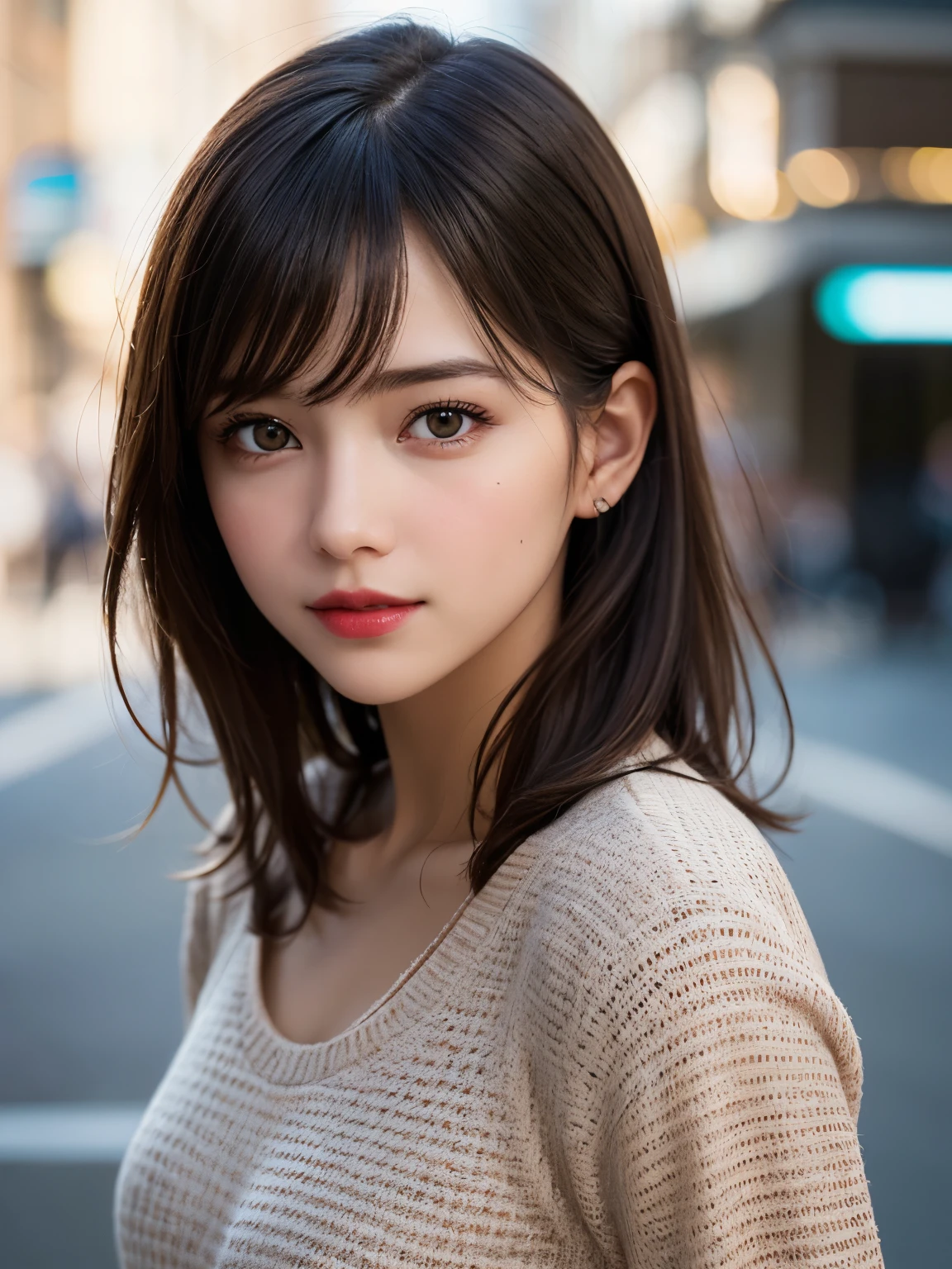 (masterpiece), highly realistic, beautiful atmosphere, intricate textures, super-resolution, hyper-realistic, high contrast, Portrait of a cute girl, looking at viewer, (Glowing Eyes), Glossy rouge lips, make-up, blush cheek, smile, baby face, medium skin, medium hair, Brown eyes, beautiful girl, (perfect anatomy), 8k Resolution, wonder full, elegant, hyperrealism, approaching perfection, dynamic, highly detailed, ultra high definition, high quality boost, contrast boost, shirt