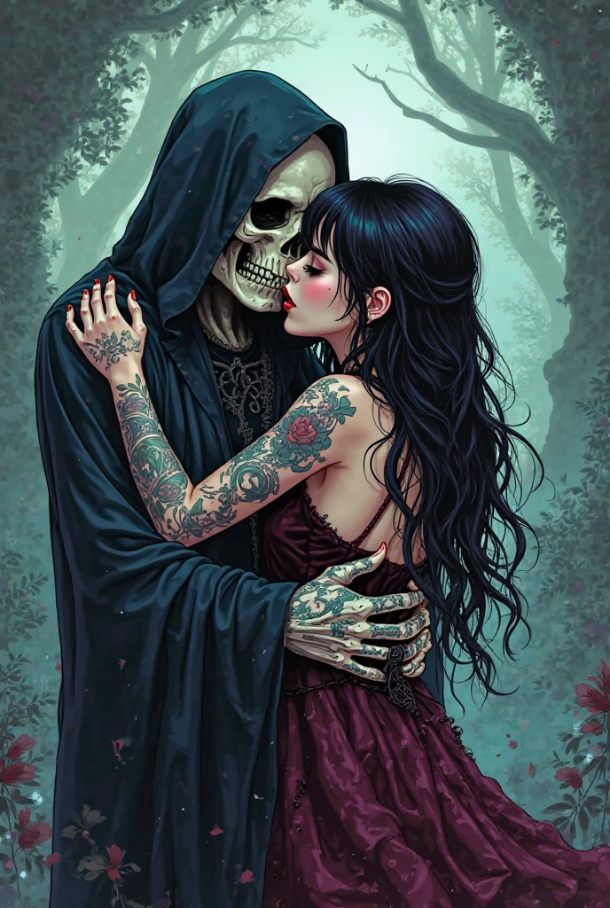 A skeleton gives a bouquet of flowers to a beautiful human woman with dark black hair, in the cyberpunk style, an android man in love and a human woman, extremely detailed painting, beautiful glowing, centered, symmetry, painted, intricate, volumetric lighting, beautiful, sharp focus, ultra detailed, in the style of dan mumford and marc simonetti, astrophotography --auto --s2