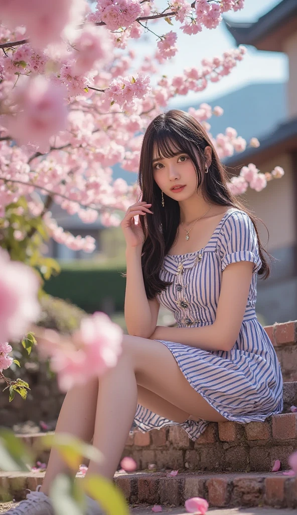 RAW photo, masterpiece, best quality, (1girl), 20yo, sitting at the stair, lots of daisy flowers around, outdoor, sunny day, happy, Chinese dress, beautiful girl, messy hair, floating hair and clothes in the wind