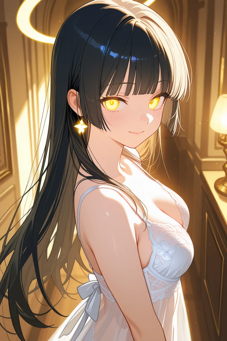Masterpiece, best quality, UHD bedroom background, long black hair, halo, bangs, yellow eyes, (( pink negligee )), big tits, (see through nipple), blushing, little smile, lying down, face close-up, night, midnight