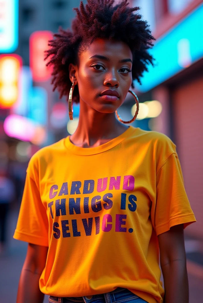 Show whole person. Curl hair. Beautiful  Kenyan woman. Hero outfit color red. She wears a jacket but make it heroic outfit. Hand logo on her outfit 