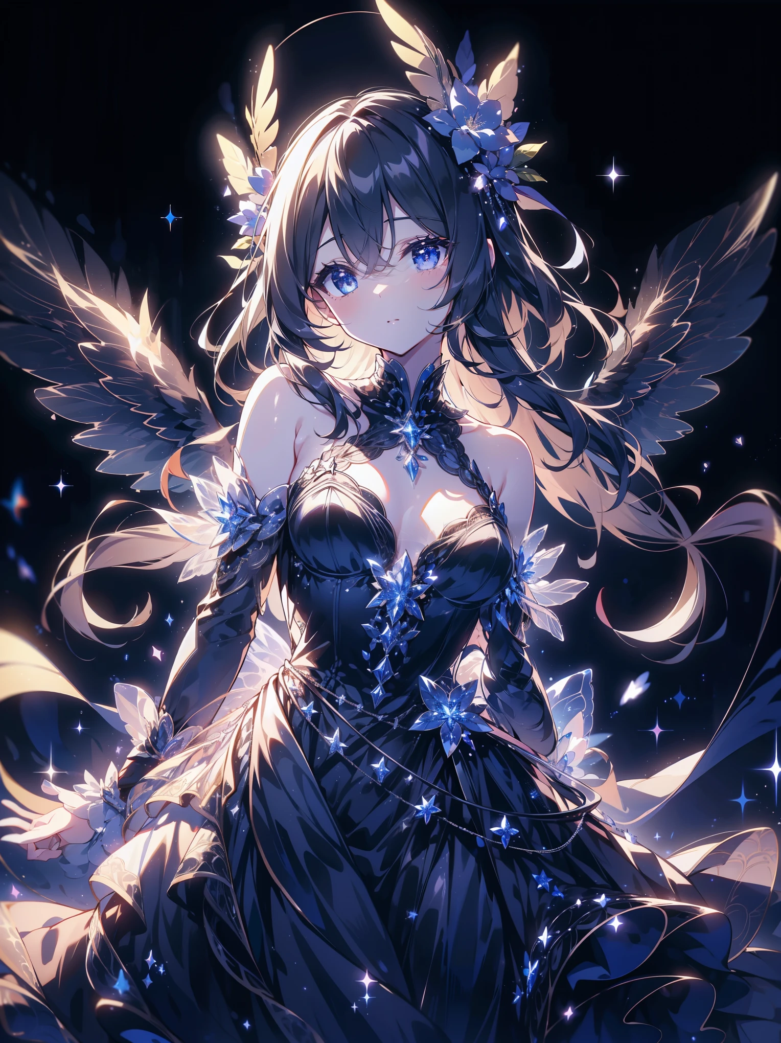 A delicate, graceful young woman with long, flowing, straight black hair and cat ears. She wears an intricately patterned blue mini-skirt dress with off-the-shoulder sleeves and a fitted bodice. The background is a dreamy night sky with petals floating in the air, a fantastic and ethereal atmosphere. Her expression is gentle, enchanting, and slightly fantastical, and the angle is from below.