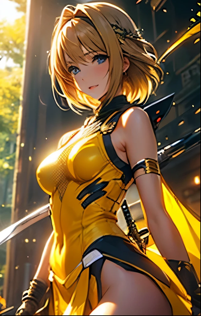 (((SFW、Highest quality、 first class masterpiece 、 Normal Body 、8k、 Detailed Faces 、super precise、 real color 、5refer to、Highest)))Haruka Takamori、Shennin Haruka、pretty girl、 Hair、Glowing Hair 、short hair、beautiful breasts、slender、 slim、Petite、 can be used、yellow super high leg ninja costume、During combat、Short sword