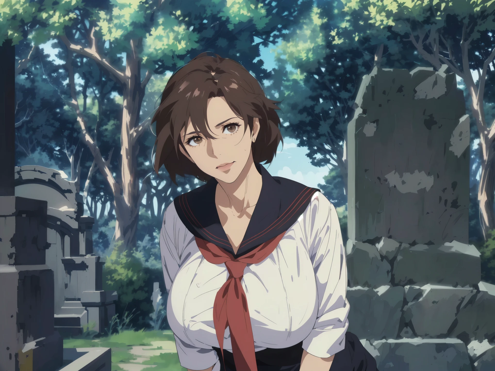 apanese graveyard anime scene in midsummer,(酷暑の日差し:1.2) ,best quality, bright、mature mom,, Quiet mature Mom , ((( Wrinkles Around His Eyes and Mouth :1.2)))、detailed face, brown hair, Mesh Bang Hairstyle, brown eyes, (Big Breasts), shy and embarrassed mature mom, (mature mom in tight and white sailor suit:1.3) ,(red scarf with black nose:1.4)、 realistic high school mature mom , female protagonist 👀 :8, Bewitching Anime mature mom , Makoto Shinkai ( Apex Legends ), Fine details, a hyper realistic high school mature mom , charming anime mature mom, Makoto Shinkai art style, Makoto Shinkai style, Makoto Shinkai. Digital Rendering , Makoto Shinkai and artgerm, Fubuki, Makoto Shinkai!, Makoto Shinkai!!,