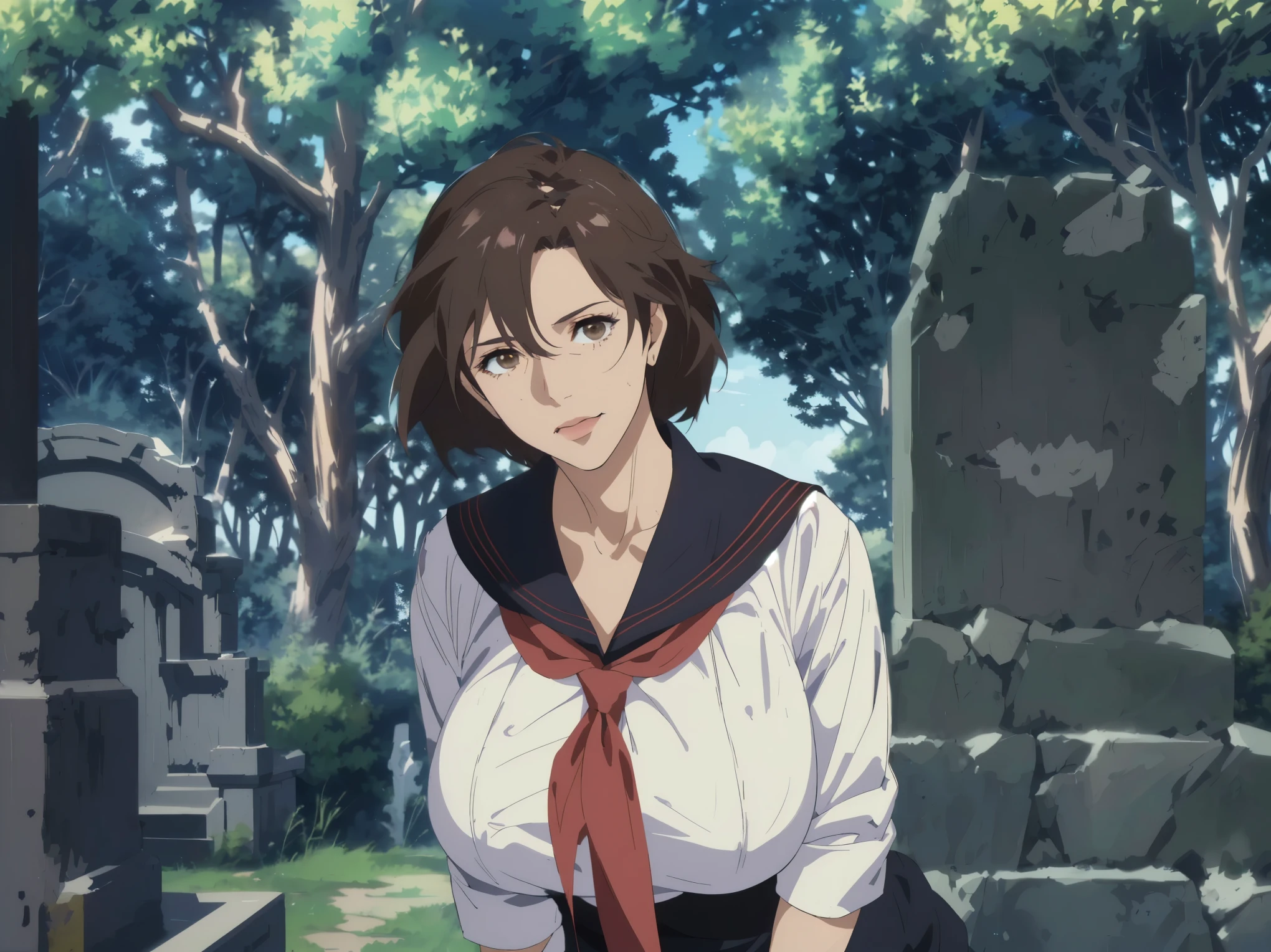 apanese graveyard anime scene in midsummer,(酷暑の日差し:1.2) ,best quality, bright、mature mom,, Quiet mature Mom , ((( Wrinkles Around His Eyes and Mouth :1.2)))、detailed face, brown hair, Mesh Bang Hairstyle, brown eyes, (Big Breasts), shy and embarrassed mature mom, (mature mom in tight and white sailor suit:1.3) ,(red scarf with black nose:1.4)、 realistic high school mature mom , female protagonist 👀 :8, Bewitching Anime mature mom , Makoto Shinkai ( Apex Legends ), Fine details, a hyper realistic high school mature mom , charming anime mature mom, Makoto Shinkai art style, Makoto Shinkai style, Makoto Shinkai. Digital Rendering , Makoto Shinkai and artgerm, Fubuki, Makoto Shinkai!, Makoto Shinkai!!,