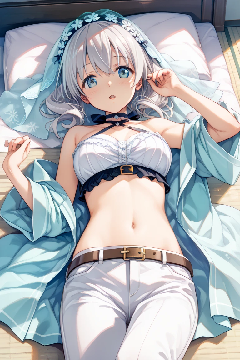 Twin tails、White bra、White panties、、On the bed