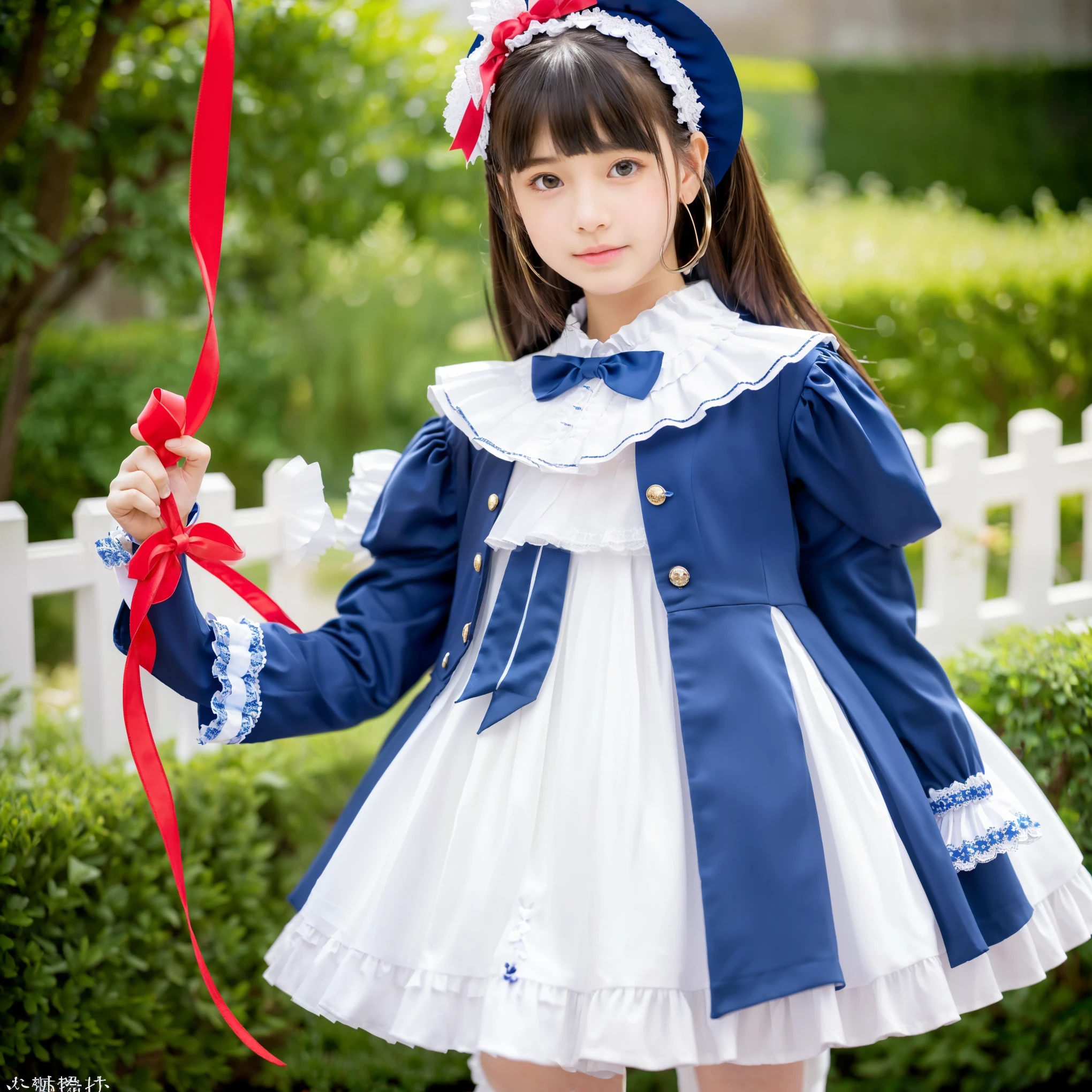 , A composition that reflects the whole body from head to feet,highest quality, masterpiece, highest resolution, artwork, super それにget used to it, many get used to it, get used to it, それにget used to it, 3k realistic pictures,((ten years old Japanese girl:1.0)),((short body height:1.0)),Ultra-detailed juvenile face,((european formal ceremony clothes)),((Clothes decorated with ribbons and frills)),ta fashion,blue blazer,frilled white blouse,((Medium round hoop skirt)),Red Ribbon on the chest,long sleeves,frilled sleeves,Ribbon hair ornament,straight long hear,brown Loafers,