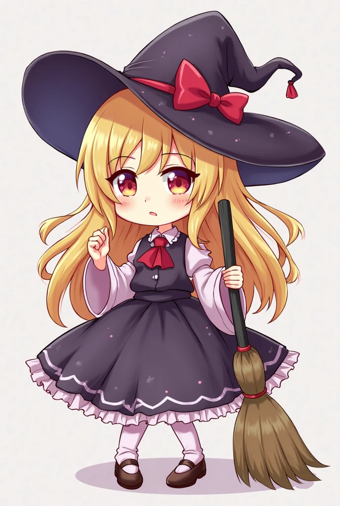 a cartoon girl in a witch costume holding a broom, kirisame marisa, Kirisame Marisa from Touhou , Marisa Kirisame , Touhou characters, from touhou, in dress, Zerochan art, witch girl , loliranh splash art anime Loli , zhan , Art style of Rune Factory 5, blonde anime girl with long hair