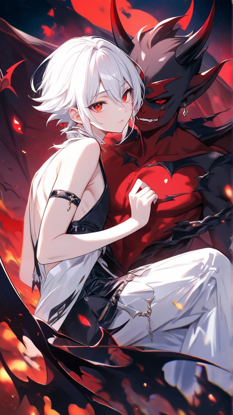 schoolboy,Middle Wolf Tail,White hair,White eyelashes ,White eyebrows,Black eyes,White pupils,maniac,Black translucent shorts,Expose the belly button,shorter pants,Long legs,Teenage uncensored,There is the phoenix element,The coat is half-hung from the arm,With sunglasses,There are also upside-down cross and chain elements,No shoes,There is a white phoenix around him,No abs