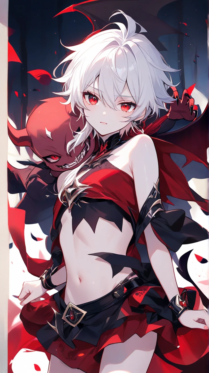 Lucifer Morningstar, hazbin hotel, 1 boy, white hair, choker, large black gloves, black thigh boots, two arms, two legs, sharp teeth, tuft, perfect anatomy, better hands, lying on bed, big erected penis, seductive smile, latex crop top, erect penis, mastruabting, no pants, no jacket, lustful, femboy, red horns, gay, penis leaking cum, naked, penis, male genitalia,