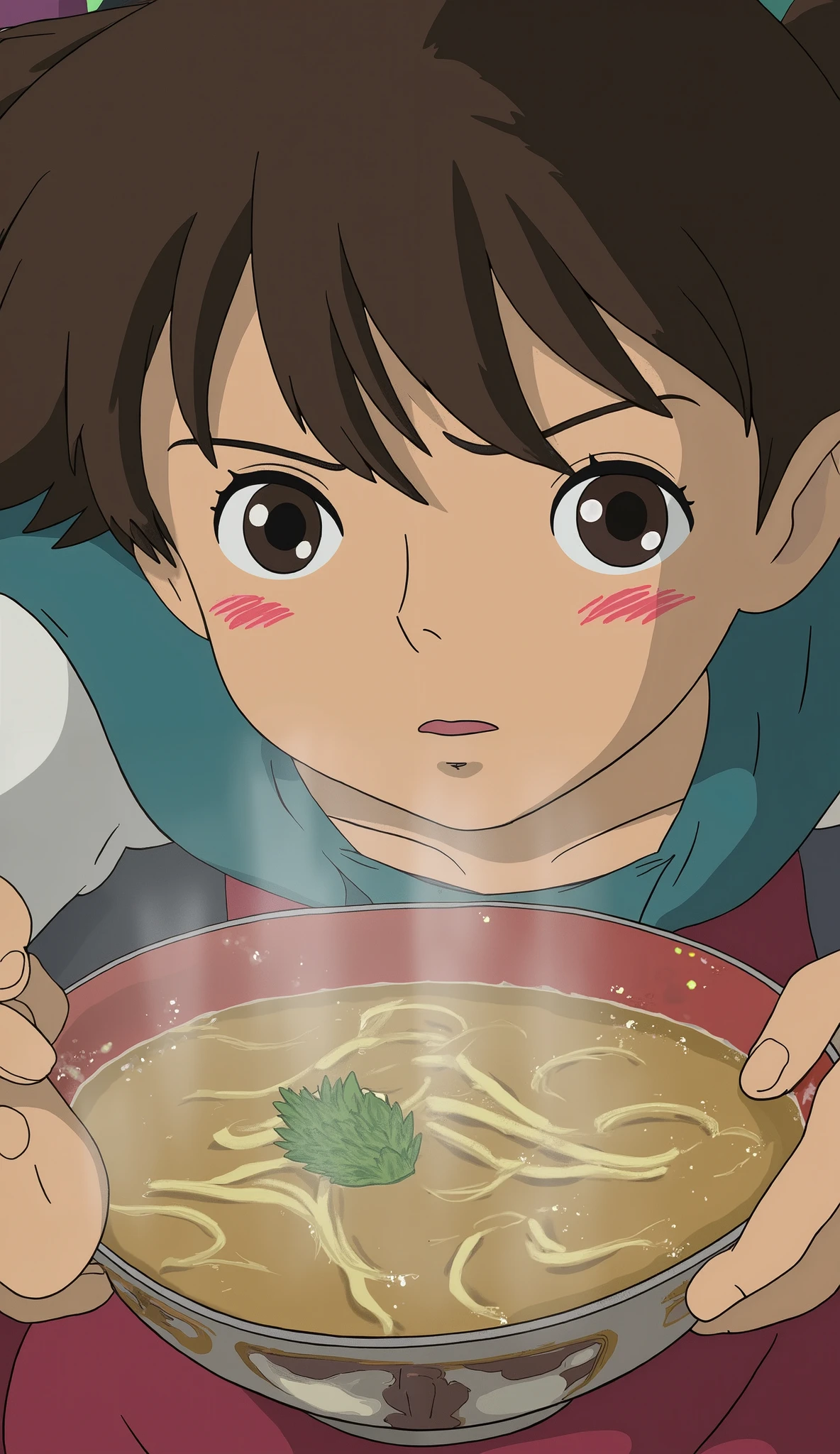 (((( masterpiece)))), (((( top quality)))), (((Ghibli-style animation))), high definition, fine grain, Detailed Faces, Very detailed faces, detailed eyes, Detailed Faces, detail hair, sparkling skin, sweat, (((Cute girl, Nausicaä of the Valley of the Wind))), (((eating ramen deliciously))), , , Action,