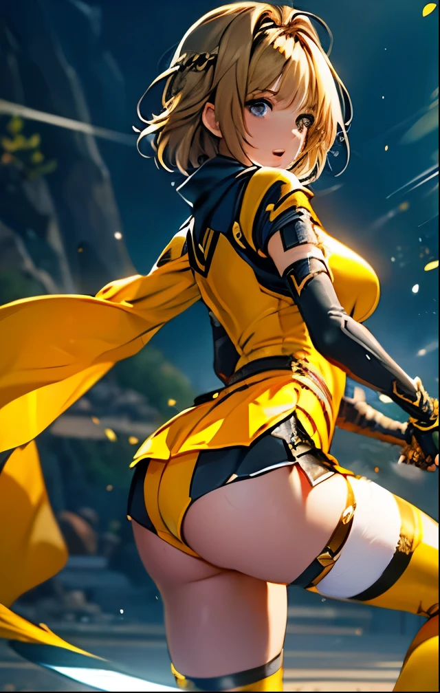 (((SFW、Highest quality、 first class masterpiece 、 Normal Body 、8k、 Detailed Faces 、super precise、 real color 、5refer to、Highest)))Haruka Takamori、Shennin Haruka、pretty girl、 Hair、Glowing Hair 、short hair、beautiful breasts、slender、 slim、Petite、 can be used、yellow super high leg ninja costume、During combat、Short sword、Split jump