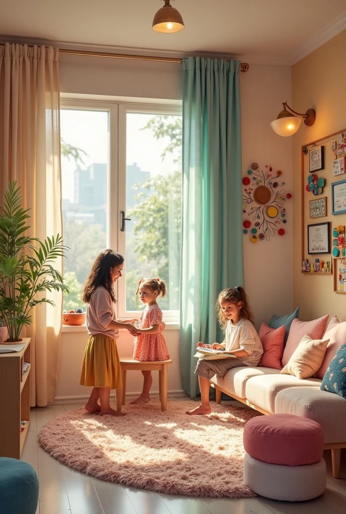 A girl and a boy in their home unplugging a charger , opening curtains to let in light