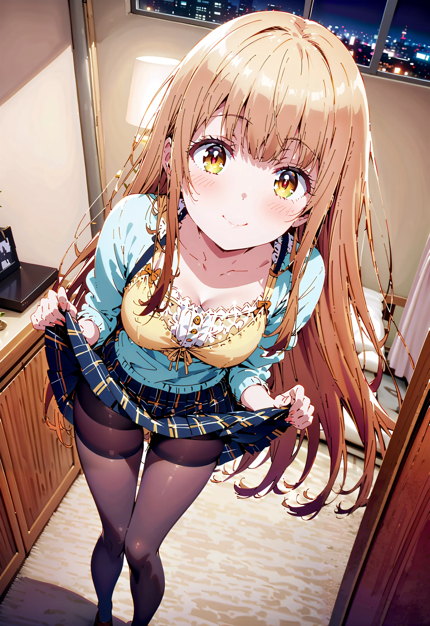 is horrible, Shiina Mahiru, bungs, Gold, brown hair, , and the eyes are,long hair, skirt, pleated skirt, thigh plaid, thigh plaid skirt,Yellow bra,black pantyhose,skirt lift,skirtを持ち上げる,I'm embarrassed,smile,cover,standing, beautiful night view with depth,Beautiful cityscape,is illuminated by moonlight,decor, bet,full bodyがillustrationsに入るように,break indoors,bedroom,
break looking at viewer,full body,
break (masterpiece:1.2), best quality, high definition, Unity 8k 壁紙, (illustrations:0.8), (beautiful detailed eyes:1.6), Highly Detailed Face, so that it fits into the illustration, extremely detailed CG, (Perfect Hand, PERFECT ANATOMY),