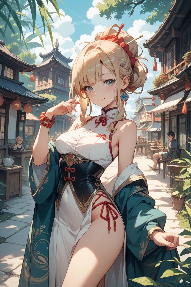 (((Masterpiece))), (((Highest quality))), ((Ultra-detailed)), ((Super fine illustration)), ((Ultra-fine painting)), (16K highest quality wallpaper:1.4), (Upper body:1.6), HDR, (Highly detailed and delicate illustration style:1.8), Detailed skin texture, Detailed cloth texture, Extreme detailed description, (T-masterpiece), (Highly detailed face:1.4), (Highly detailed fox ears:1.2), (Highly detailed beautiful (golden-brown:1.4) half-updo:1.2), (Highly detailed beautiful blue eyes:1.2), Original, RAW photo, Professional, Intricate details, Super details, (Perfect anatomy:1.4), (Highly detailed hands:1.2), (Highly detailed fingers:1.2), (Highly detailed fingertips:1.2), (27-years-old), Real, (Solo:1.8), ((A very beautiful and attractive fox fashion model:1.4)) BRAKE (Beautiful and adorable fox ears:1.6), (Highly detailed and delicate fox ears:1.4), (Beautiful and well-shaped big breasts:1.2), (Beautiful and well-shaped buttocks), (Beautiful and shiny (golden-brown:1.2) half-updo:1.4), (Highly detailed and delicate (golden-brown:1.2) half updo:1.2), (Beautiful and clear blue eyes:1.6), (Highly detailed and delicate blue eyes:1.2), (Highly detailed face:1.4), (Smile:1.5), (Blush:1.4), (Looking at viewer:1.4), (Celebration:1.4) BRAKE ((Bright Red:1.3) furisode with floral pattern:1.4), (Japanese traditional costume:1.2) BRAKE (Concept-art:1.2) BRAKE ((Highly detailed and delicate Ise Grand Shrine in Mie Prefecture in the background just after noon:1.6), (Celebration:1.4), Torii gate of Ise Shrine:1.4, Very beautiful in the sunny sky background just after noon:1.4) BRAKE 