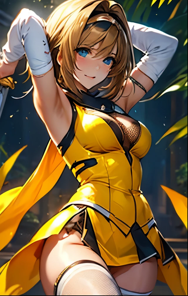 (((SFW、Highest quality、 first class masterpiece 、 Normal Body 、8k、 Detailed Faces 、super precise、 real color 、5refer to、Highest)))Haruka Takamori、Shennin Haruka、pretty girl、 Hair、Glowing Hair 、short hair、beautiful breasts、slender、 slim、Petite、 can be used、yellow High Leg Shinobi costume、Short sword、open leg jump kick